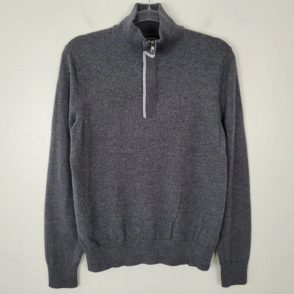 Banana Republic Men's Sweater Merino Wool Quarter Zip Gray Size M